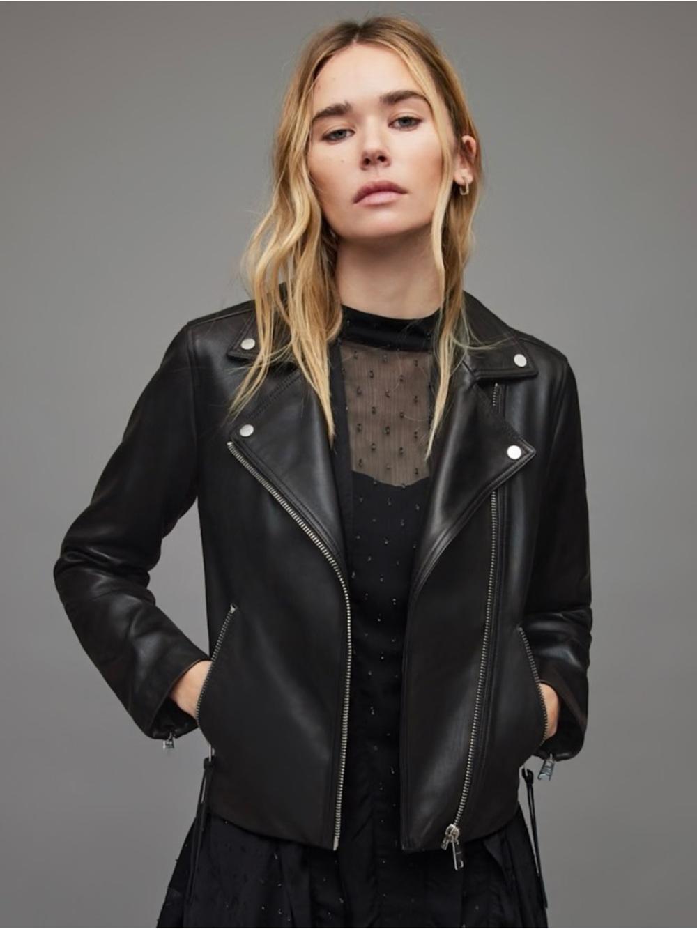 AllSaints Dalby Black Lamb Leather Biker Jacket US 4 | Excellent Condition